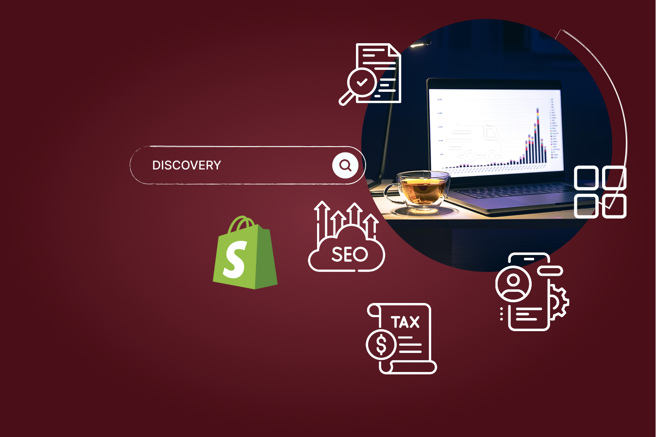 Discovery &amp; scope: Audit catalog, options, tax/shipping, content, SEO, and analytics.