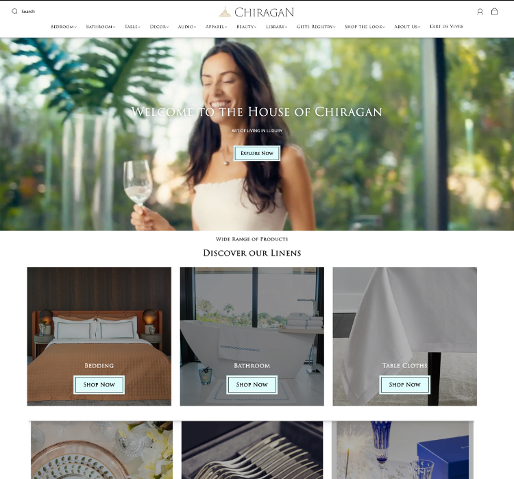 Custom-built Shopify store for Chiragan Home showcasing modern home decor and elegant design