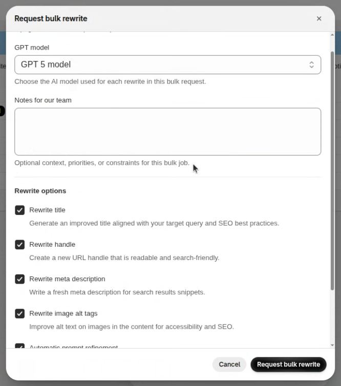 The AI ReWrite 'Request bulk rewrite' dialog with model selection, team notes and rewrite options for title, handle, meta description and image alt tags